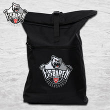 Lade das Bild in den Galerie-Viewer, Eisbären Rolltop Rucksack schwarz mit großem Eisbären Logo
