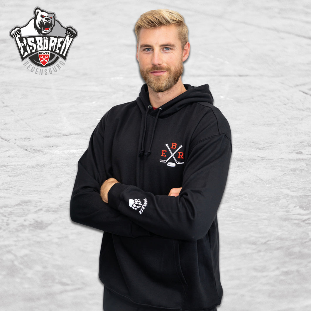 Eisbären Hoodie vorne Schlägerkreuz + EBR, Ärmel mit Bärentatze, Rücken mit großem Logo